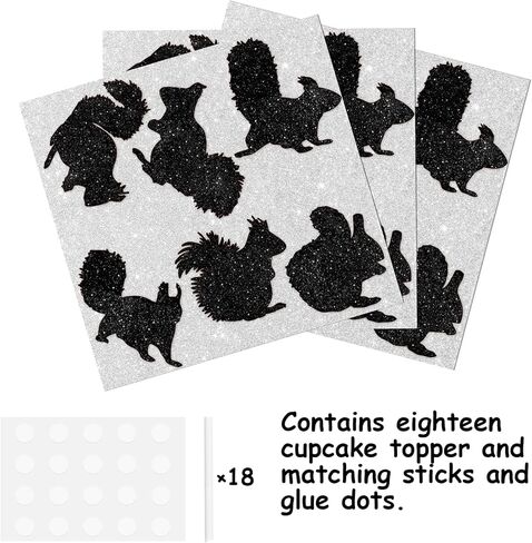 18pcs Black Silhouette Glitter Squirrel Dessert Cupcake Topper Pick for Forest Animal Theme Decor Supplies Baby Shower Boys Girls Happy Birthday Party Decorations in Saudi Arabia