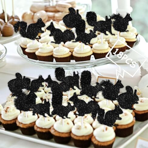 18pcs Black Silhouette Glitter Squirrel Dessert Cupcake Topper Pick for Forest Animal Theme Decor Supplies Baby Shower Boys Girls Happy Birthday Party Decorations in Saudi Arabia