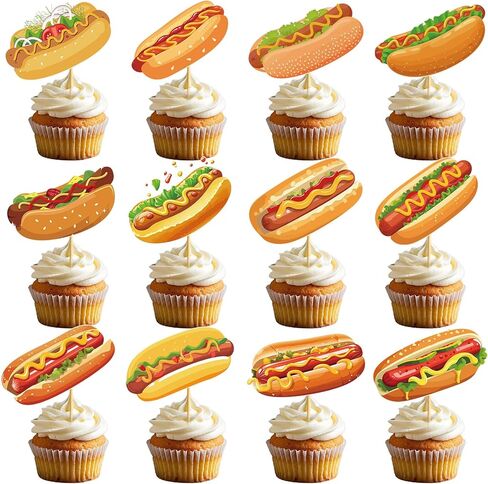 48pcs Hot Dog Cupcake Toppers Hot Dog Decorations Hotdog Birthday Decorations for Fast Food Themed Party Decor Baby Shower in Saudi Arabia