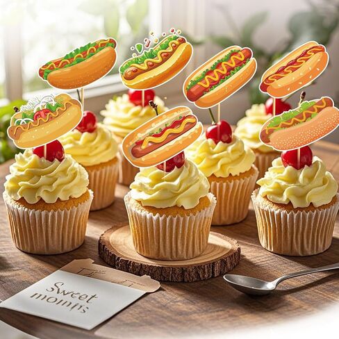 48pcs Hot Dog Cupcake Toppers Hot Dog Decorations Hotdog Birthday Decorations for Fast Food Themed Party Decor Baby Shower in Saudi Arabia