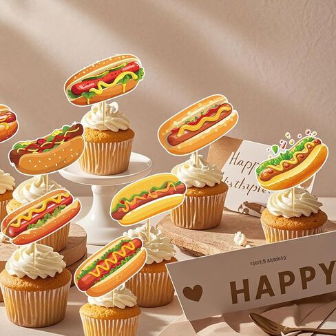 48pcs Hot Dog Cupcake Toppers Hot Dog Decorations Hotdog Birthday Decorations for Fast Food Themed Party Decor Baby Shower in Saudi Arabia
