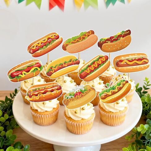 48pcs Hot Dog Cupcake Toppers Hot Dog Decorations Hotdog Birthday Decorations for Fast Food Themed Party Decor Baby Shower in Saudi Arabia