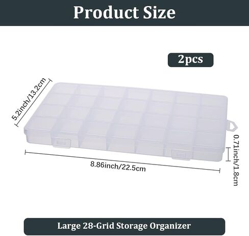 2Pcs 28 Grids Plastic Organizer Boxes, Clear Bead Organizer Craft Storage Box with Fixed Dividers Rectangular Containers Case for Storing Small Items Jewelry Beads Necklaces Earrings Art DIY in Kuwait