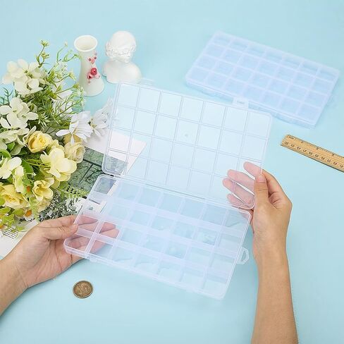 2Pcs 28 Grids Plastic Organizer Boxes, Clear Bead Organizer Craft Storage Box with Fixed Dividers Rectangular Containers Case for Storing Small Items Jewelry Beads Necklaces Earrings Art DIY in Kuwait