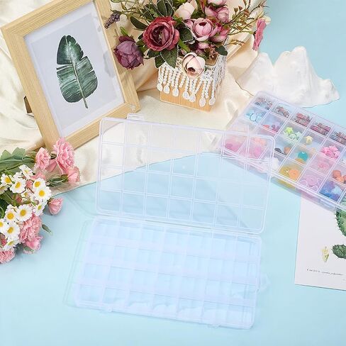 2Pcs 28 Grids Plastic Organizer Boxes, Clear Bead Organizer Craft Storage Box with Fixed Dividers Rectangular Containers Case for Storing Small Items Jewelry Beads Necklaces Earrings Art DIY in Kuwait