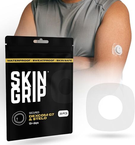 Skin Grip Adhesive Patches for Dexcom G7 with Cutout (20-Pack), Waterproof & Sweatproof for 10-14 Days, Pre-Cut Adhesive Tape, Continuous Glucose Monitor Protection (Black) in Saudi Arabia