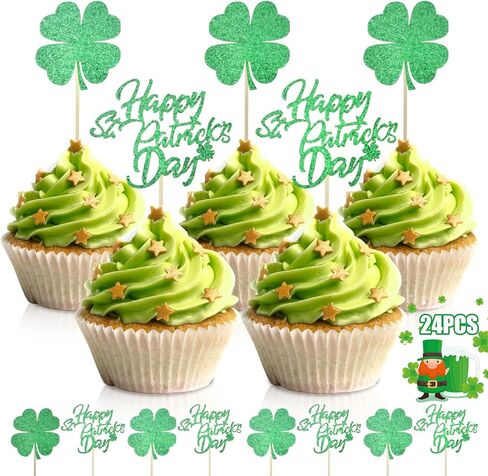 24PCS St. Patrick's Day Cupcake Toppers Happy Saint Patricks Day Cake Toppers for Women Men Fiesta Shamrock Clover Cupcake Topper Party Favors Supplies Wedding Birthday Decor in Saudi Arabia