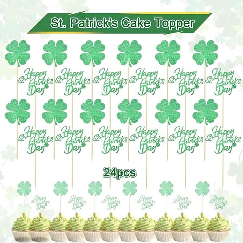 24PCS St. Patrick's Day Cupcake Toppers Happy Saint Patricks Day Cake Toppers for Women Men Fiesta Shamrock Clover Cupcake Topper Party Favors Supplies Wedding Birthday Decor in Saudi Arabia