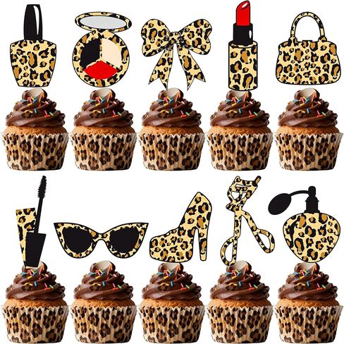 الفهد طباعة كب كيك توبر ليوبارد طباعة كعب موضوع حزب كعكة الزينة 48pcs ماكياج حزب كب كيك يختار للنساء سيدة عيد ميلاد الفتيات ليلة العازبة الزفاف دش الزفاف لوازم in Saudi Arabia