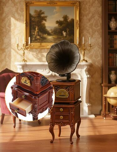 2-Piece Set Miniature Vintage Phonograph with Sound - 1:12 Mini Gramophone with Cabinet, Miniature Retro Phonograph for Desktop & Cabinet Decor in Saudi Arabia