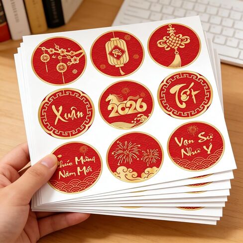 KYMY 2026 Vietnamese New Year Stickers, 180pcs Tết Việt NAM Spring Festival Paper Decals, Lunar New Year Zodiac Horse Round Labels for Party Favors Bottle Laptop Envelope Decorations in Saudi Arabia
