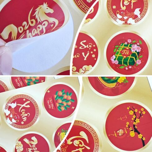 KYMY 2026 Vietnamese New Year Stickers, 180pcs Tết Việt NAM Spring Festival Paper Decals, Lunar New Year Zodiac Horse Round Labels for Party Favors Bottle Laptop Envelope Decorations in Saudi Arabia