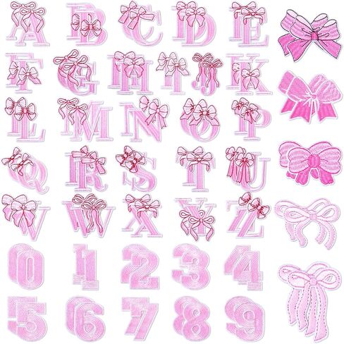 82 Pcs Pink Bow Letter Iron on Patches Set Cartoon Alphabet a to Z Numbers Pink Bow Heat Transfer Letter Valentines Embroidery Cute Iron on Patches for Clothing Hat Backpacks Jackets Decor DIY Fabric in Saudi Arabia