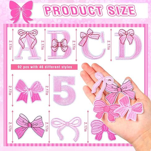 82 Pcs Pink Bow Letter Iron on Patches Set Cartoon Alphabet a to Z Numbers Pink Bow Heat Transfer Letter Valentines Embroidery Cute Iron on Patches for Clothing Hat Backpacks Jackets Decor DIY Fabric in Saudi Arabia