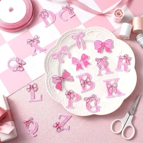 82 Pcs Pink Bow Letter Iron on Patches Set Cartoon Alphabet a to Z Numbers Pink Bow Heat Transfer Letter Valentines Embroidery Cute Iron on Patches for Clothing Hat Backpacks Jackets Decor DIY Fabric in Saudi Arabia