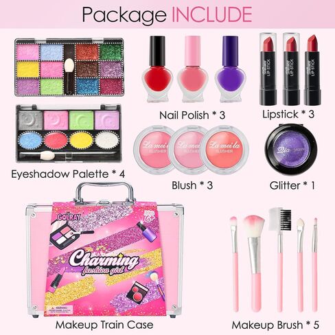 Golray Teen Makeup Kit for Girls Ages 8-12, Starter Full Make up Set With Train Case/4 Eyeshadow Pallets/Blush/Lipstick/Brush, Kid Birthday Gift Beauty Toy for Girl 9 10 11 12 Years in Kuwait