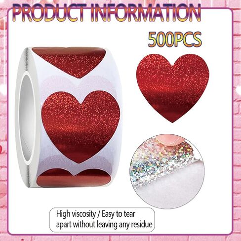 500PCS Red Heart Shaped Stickers Roll 1in Glitter Self-Adhesive Decorative Stickers Paper Decal for Valentine's Day, Award Charts,Offices, Teachers & Classrooms, Bookmarks Envelopes Decor in Saudi Arabia