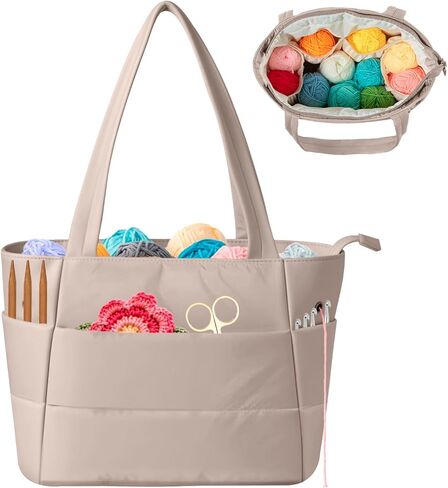 Crochet Bag for Yarn Storage, Puffer Knitting Bag with Soft Handles, Lightweight Yarn Storage Organizer with Zipper for Crochet Accessories, Gifts for Crocheters (Brown) in Saudi Arabia