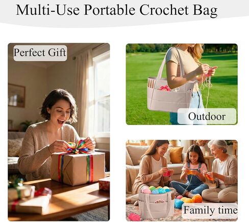 Crochet Bag for Yarn Storage, Puffer Knitting Bag with Soft Handles, Lightweight Yarn Storage Organizer with Zipper for Crochet Accessories, Gifts for Crocheters (Brown) in Saudi Arabia