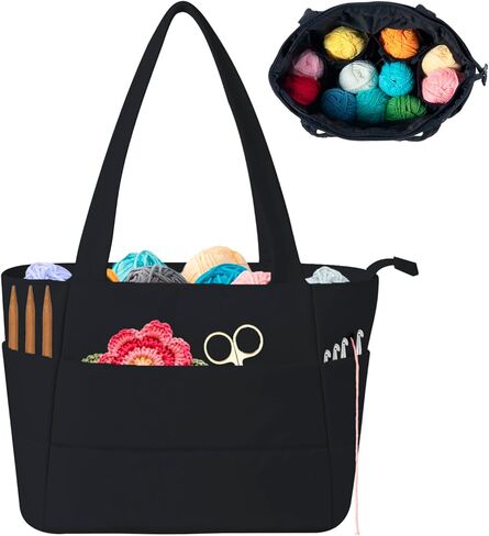Crochet Bag for Yarn Storage, Puffer Knitting Bag with Soft Handles, Lightweight Yarn Storage Organizer with Zipper for Crochet Accessories, Gifts for Crocheters (Brown) in Saudi Arabia