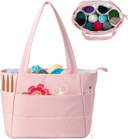 Crochet Bag for Yarn Storage, Puffer Knitting Bag with Soft Handles, Lightweight Yarn Storage Organizer with Zipper for Crochet Accessories, Gifts for Crocheters (Brown) in Saudi Arabia