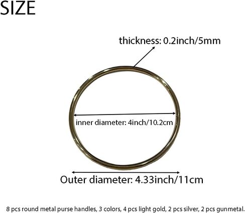 8 Pcs Metal Ring Bag Handle, 4.33 Inch Round Replacement Purse Handles for Handbag Hardware DIY Making, 3 Colors in Kuwait