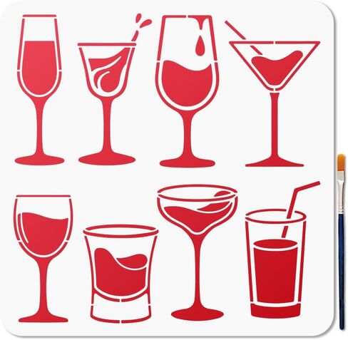 MAYJOYDIY Cocktail Glass Stencil Wine Bottle Stencils for Painting 11.8x11.8 Inch Drink Cheers Drawing Templates with Paint Brush for Wall Furniture Paper Fabric Canvas Scrapbook Decoration in Saudi Arabia