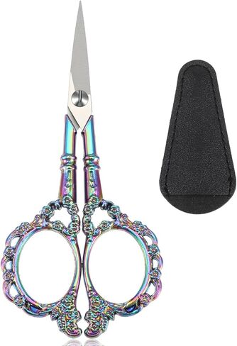 Embroidery Scissors, 4.6 inch Stainless Steel Small Sewing Crafting Travel Scissors With Cover & Vintage Handle for DIY Craft Tailor Threading Shears Cutting Thread Snips Crocheting (Rainbow) in Saudi Arabia