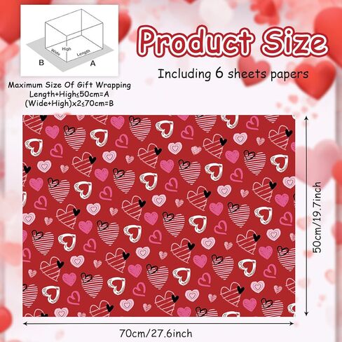 ورق قلب Geluode Love Heart، ورق تغليف عيد الحب، ورق تغليف هدايا على شكل قلب أبيض وأحمر، 6 تصميمات مطوية مسطحة مقاس 20 × 28 بوصة لكل ورقة لحفلات الزفاف، وحفلات الزفاف، والخطوبة، وعيد الحب in Saudi Arabia