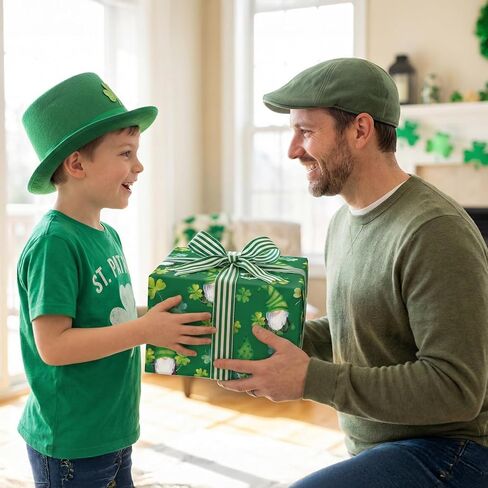 GIOLNIAY St. Patrick's Day Wrapping Paper for Men Women Kids - Cute Irish Clover Design - Leprechaun Gnome & Shamrock Gift Wrap - 4 Jumbo Sheets, 28" x 40" Each, Easy to Store in Saudi Arabia
