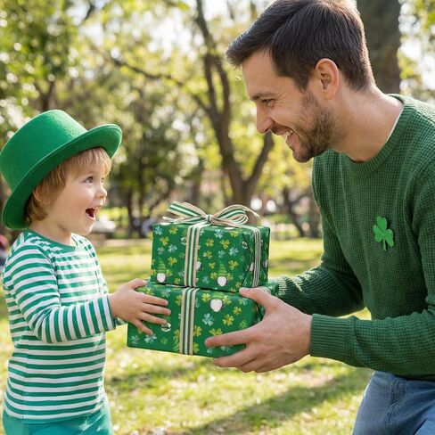 GIOLNIAY St. Patrick's Day Wrapping Paper for Men Women Kids - Cute Irish Clover Design - Leprechaun Gnome & Shamrock Gift Wrap - 4 Jumbo Sheets, 28" x 40" Each, Easy to Store in Saudi Arabia