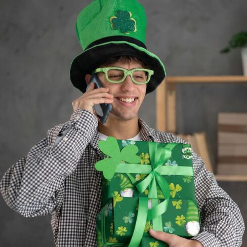 GIOLNIAY St. Patrick's Day Wrapping Paper for Men Women Kids - Cute Irish Clover Design - Leprechaun Gnome & Shamrock Gift Wrap - 4 Jumbo Sheets, 28" x 40" Each, Easy to Store in Saudi Arabia