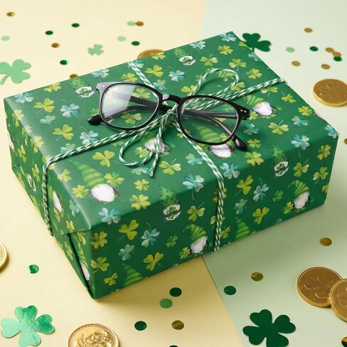 GIOLNIAY St. Patrick's Day Wrapping Paper for Men Women Kids - Cute Irish Clover Design - Leprechaun Gnome & Shamrock Gift Wrap - 4 Jumbo Sheets, 28" x 40" Each, Easy to Store in Saudi Arabia