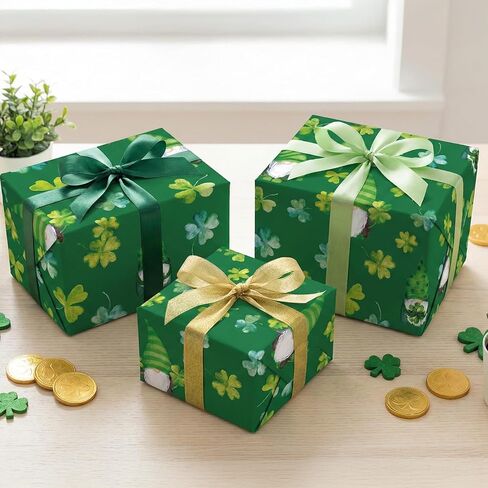 GIOLNIAY St. Patrick's Day Wrapping Paper for Men Women Kids - Cute Irish Clover Design - Leprechaun Gnome & Shamrock Gift Wrap - 4 Jumbo Sheets, 28" x 40" Each, Easy to Store in Saudi Arabia