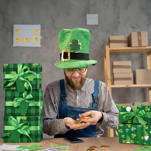 GIOLNIAY St. Patrick's Day Wrapping Paper for Men Women Kids - Cute Irish Clover Design - Leprechaun Gnome & Shamrock Gift Wrap - 4 Jumbo Sheets, 28" x 40" Each, Easy to Store in Saudi Arabia