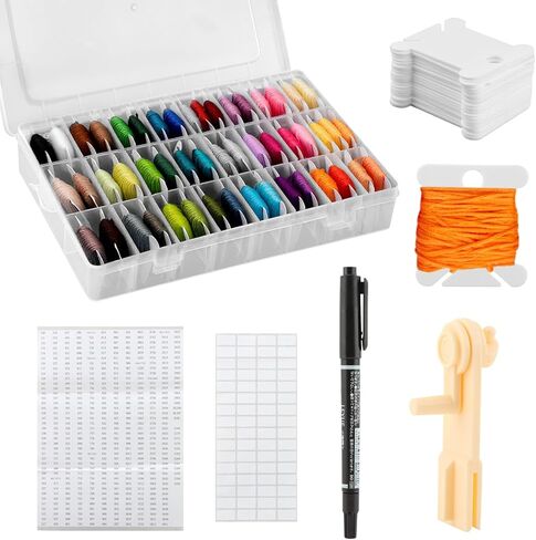 Embroidery Floss Organizer, Cross Stitch Thread Storage Set with 100 Pcs Floss Bobbins, Winder, Marker and Stickers, Removable 24 Compartments Case for Craft DIY Sewing Storage in Kuwait