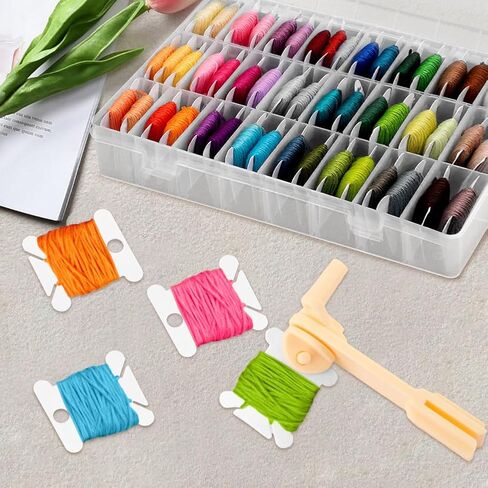Embroidery Floss Organizer, Cross Stitch Thread Storage Set with 100 Pcs Floss Bobbins, Winder, Marker and Stickers, Removable 24 Compartments Case for Craft DIY Sewing Storage in Kuwait
