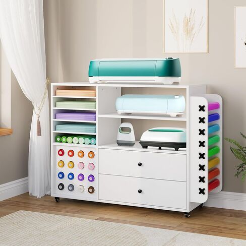 عربة حرفية لتنظيم تخزين Cricut، خزانة حرفية متدحرجة مقاس 42 بوصة مع 24 حامل لفائف الفينيل ودرجين كبيرين متوافقين مع ماكينة Cricut باللون الأبيض in Saudi Arabia