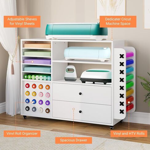 عربة حرفية لتنظيم تخزين Cricut، خزانة حرفية متدحرجة مقاس 42 بوصة مع 24 حامل لفائف الفينيل ودرجين كبيرين متوافقين مع ماكينة Cricut باللون الأبيض in Saudi Arabia