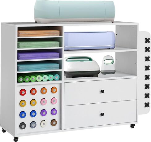 عربة حرفية لتنظيم تخزين Cricut، خزانة حرفية متدحرجة مقاس 42 بوصة مع 24 حامل لفائف الفينيل ودرجين كبيرين متوافقين مع ماكينة Cricut باللون الأبيض in Saudi Arabia