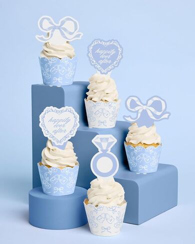xo, Fetti Bridal Shower Cupcake Toppers - 24 pcs | Something Blue, Bachelorette Party Bows, Rings, Wedding Cake, Engagement Party in Saudi Arabia