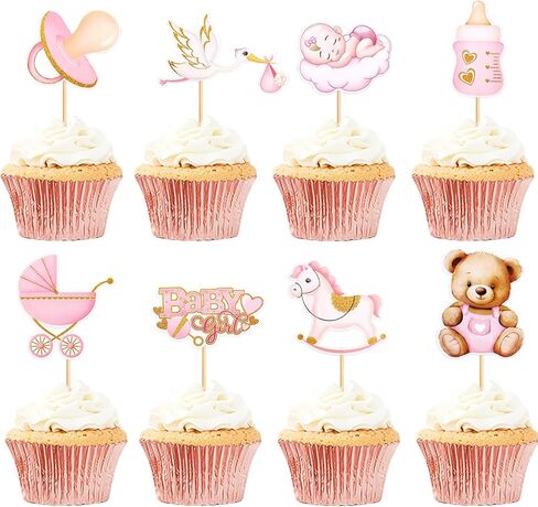 32Pcs Printed Baby Girls Cupcake Toppers It's a Girl Pink Bear Nipple Feeder Trojans Stroller Cupcake Picks for Baby Shower Pink Girls Birthday It's A Girl Gender Reveal Party Decoration in Saudi Arabia