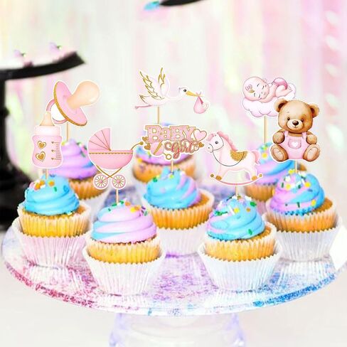 32Pcs Printed Baby Girls Cupcake Toppers It's a Girl Pink Bear Nipple Feeder Trojans Stroller Cupcake Picks for Baby Shower Pink Girls Birthday It's A Girl Gender Reveal Party Decoration in Saudi Arabia