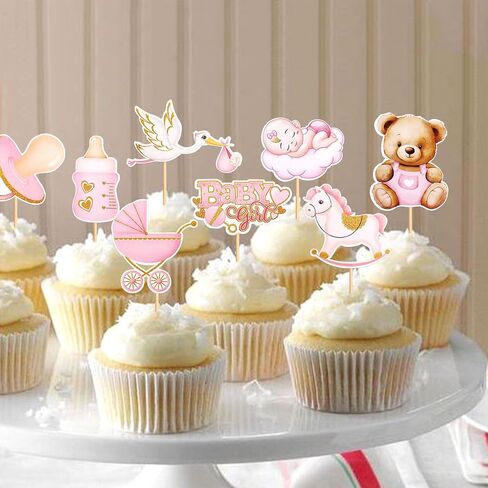 32Pcs Printed Baby Girls Cupcake Toppers It's a Girl Pink Bear Nipple Feeder Trojans Stroller Cupcake Picks for Baby Shower Pink Girls Birthday It's A Girl Gender Reveal Party Decoration in Saudi Arabia