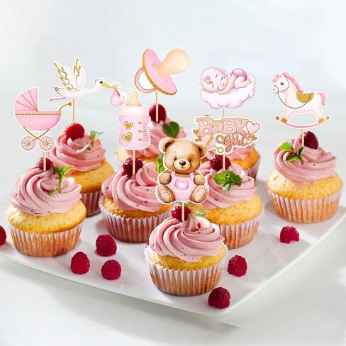 32Pcs Printed Baby Girls Cupcake Toppers It's a Girl Pink Bear Nipple Feeder Trojans Stroller Cupcake Picks for Baby Shower Pink Girls Birthday It's A Girl Gender Reveal Party Decoration in Saudi Arabia