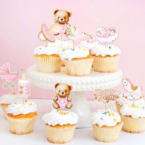 32Pcs Printed Baby Girls Cupcake Toppers It's a Girl Pink Bear Nipple Feeder Trojans Stroller Cupcake Picks for Baby Shower Pink Girls Birthday It's A Girl Gender Reveal Party Decoration in Saudi Arabia