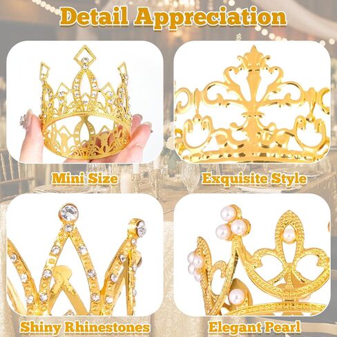 4 Pcs Crown Cake Topper Mini Gold Crown for Cake Flower Arrangements Bouquet Crystal Pearl Rhinestone Vintage Small Princess Crown for Birthday Wedding Baby Shower Decor in Saudi Arabia
