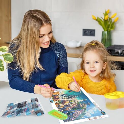 GDYEEH DIY قرية الصيد 5D الماس مجموعات الفن، جولة الحفر الكامل تألق المناظر البحرية الماس اللوحة الصورة، المناظر الطبيعية اللوحة بالأرقام مجموعات الفن للبالغين المبتدئين ديكور جدار المنزل 12x16 بوصة in Kuwait