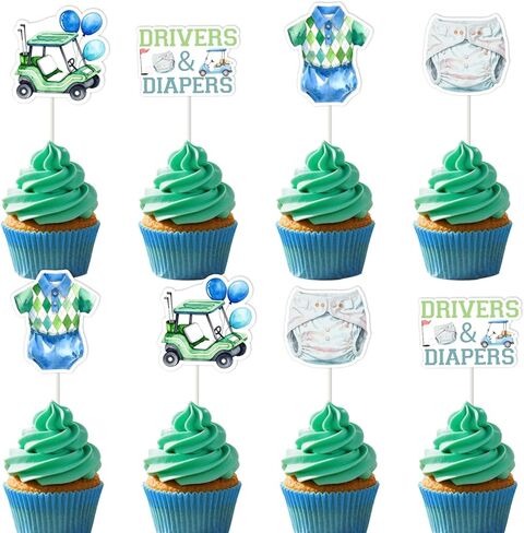 Cheereveal 24pcs Golf Baby Shower Party Cupcake Toppers, Drivers & Diapers Cake Decorations for Boys Green and Blue, Golf Sports Themed Gender Reveal Birthday Party Supplies in Saudi Arabia