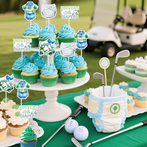 Cheereveal 24pcs Golf Baby Shower Party Cupcake Toppers, Drivers & Diapers Cake Decorations for Boys Green and Blue, Golf Sports Themed Gender Reveal Birthday Party Supplies in Saudi Arabia